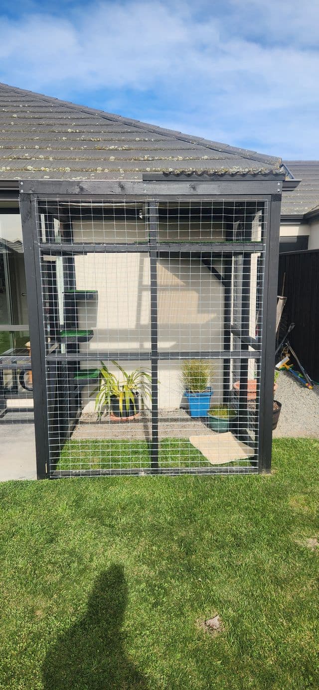 Compact charcoal-framed catio with potted plants against a house